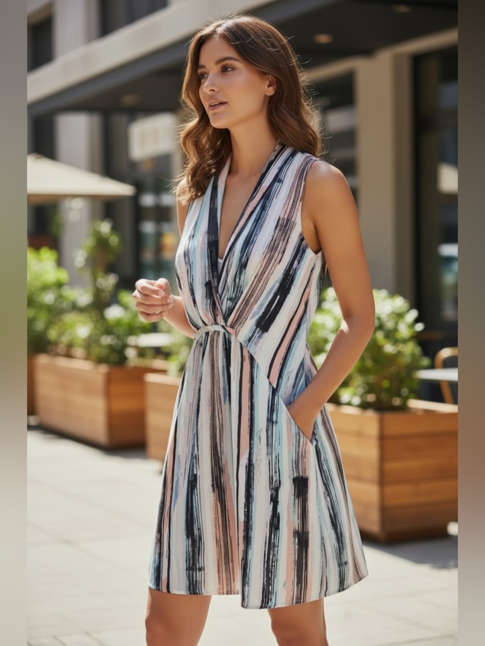 Dex Sleeveless V-Neck Mini Dress in Pink, Blue & Black